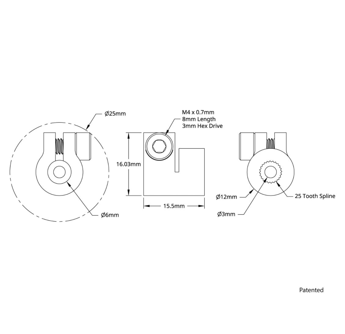 Servo fitting to the shaft coupler (splines 25 teeth to 6mm round hole)