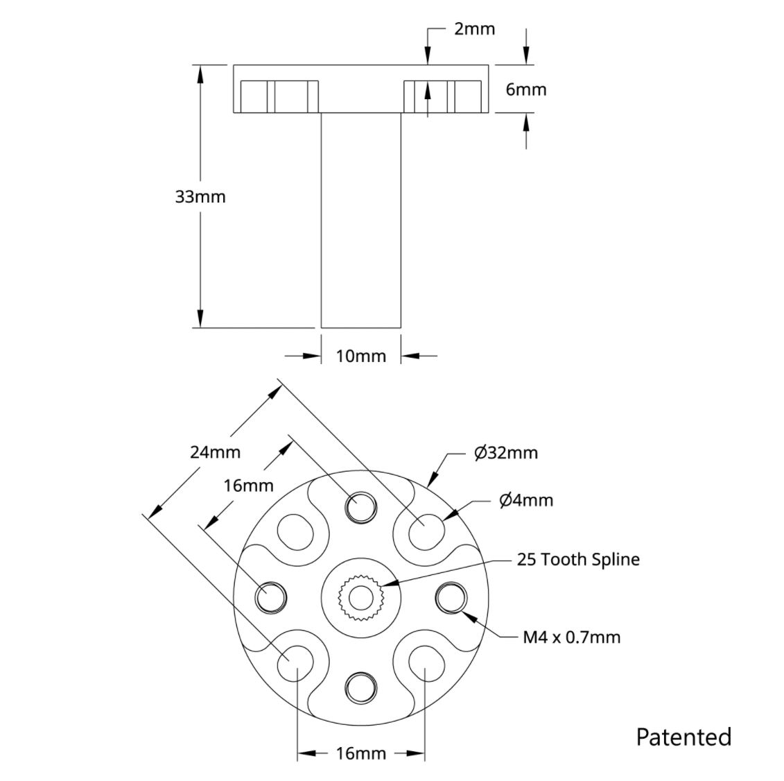 Hub shaft (25 teeth, 10mm diameter, 33mm length)